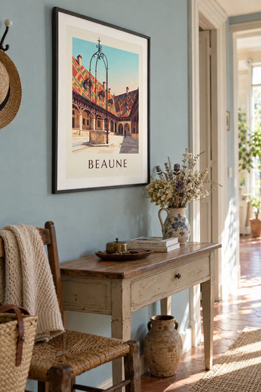 Poster glasierte Dächer und Brunnen des Hospizes von Beaune: gerahmt an der Wand
