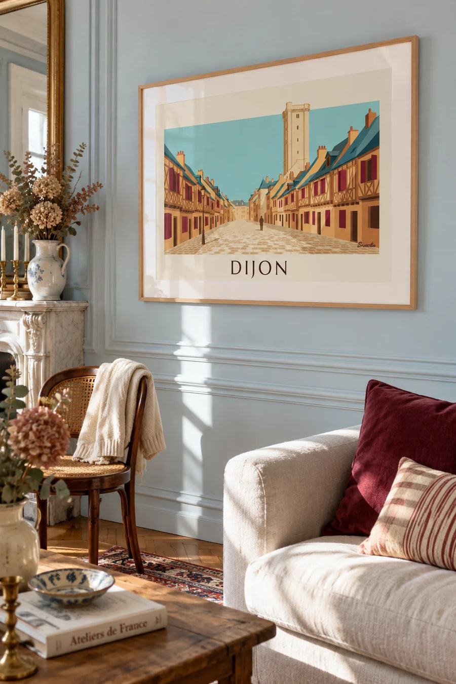 Affiche maisons à colombages médiévales de Dijon : encadrée au mur