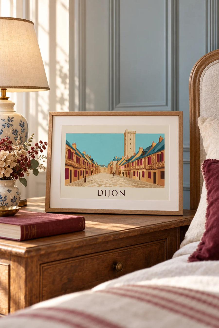 Affiche maisons à colombages médiévales de Dijon : petit format A4 encadré