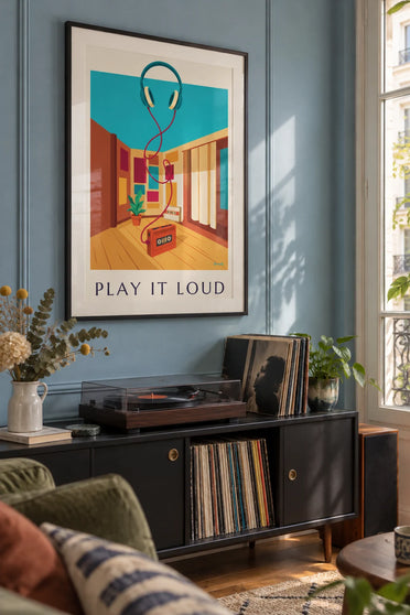 Poster con walkman a cassette e cuffie «Play It Loud»: incorniciato alla parete