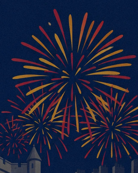 Les gerbes rouges et dorées du feu d’artifice au-dessus des tourelles