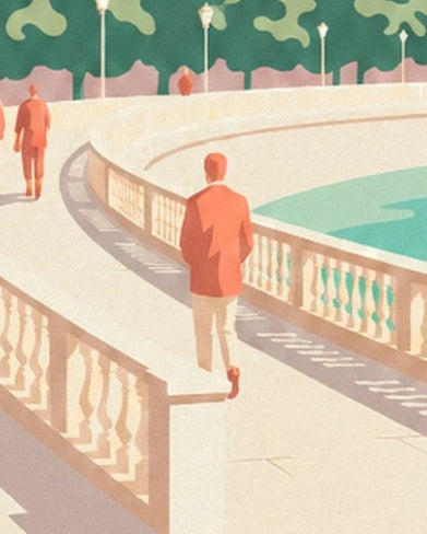 The walkers in coral jackets on the bridge with pale balustrades, above the green water