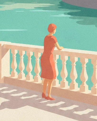 A woman in a red dress leaning on the pale balustrade, facing the turquoise water