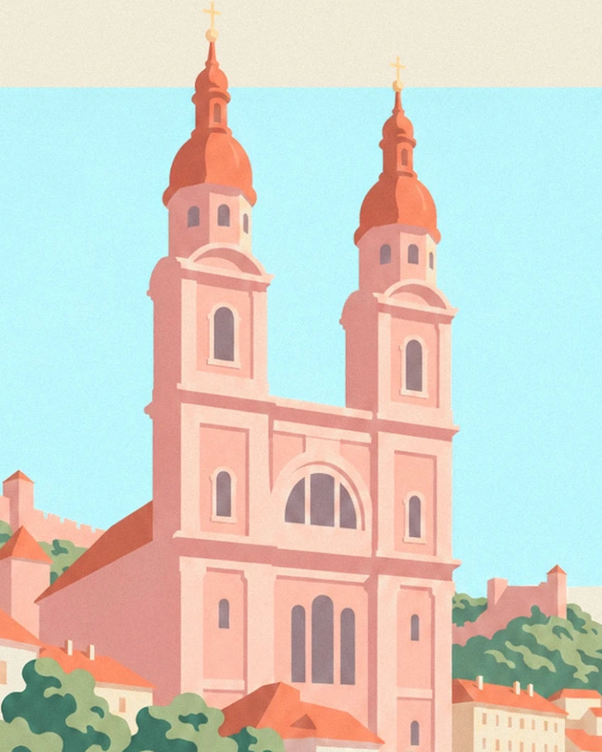 The 2 pink bell towers of the Franciscan church, topped with orange onion domes