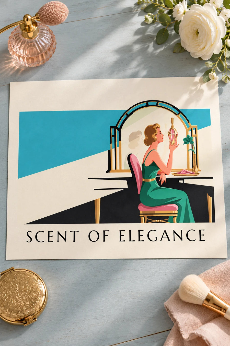 Affiche femme élégante et flacon de parfum à sa coiffeuse : posée sur une table