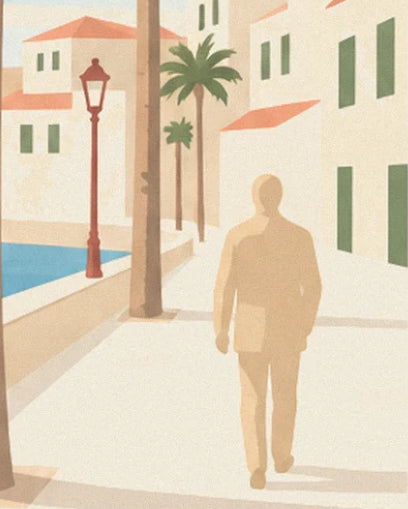 Un promeneur beige de dos, entre lampadaire rouge, palmiers et façades aux volets verts