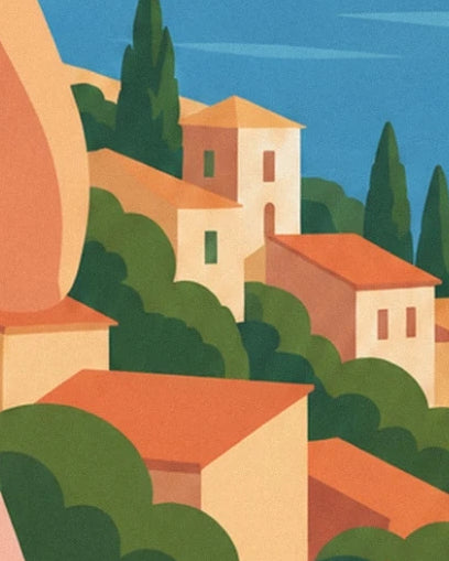 The houses with cream façades and orange roofs between cypress trees and the blue sea