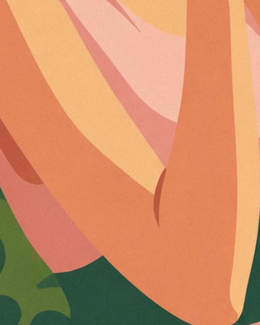 An arm in shades of orange in front of pink and yellow draped fabric and green foliage
