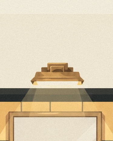 The gold wall light above the mirror on the yellow tiled bathroom wall