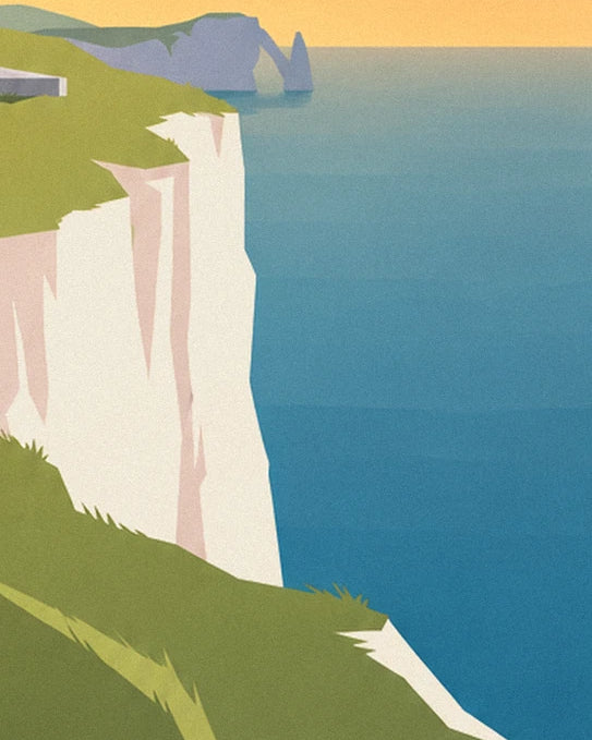 The white cliff plunging into the blue sea, with the arch of Étretat in the distance