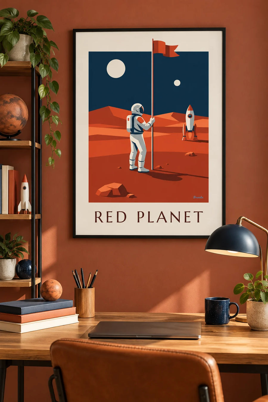 Affiche astronaute plantant un drapeau sur la planète Mars : encadrée au mur