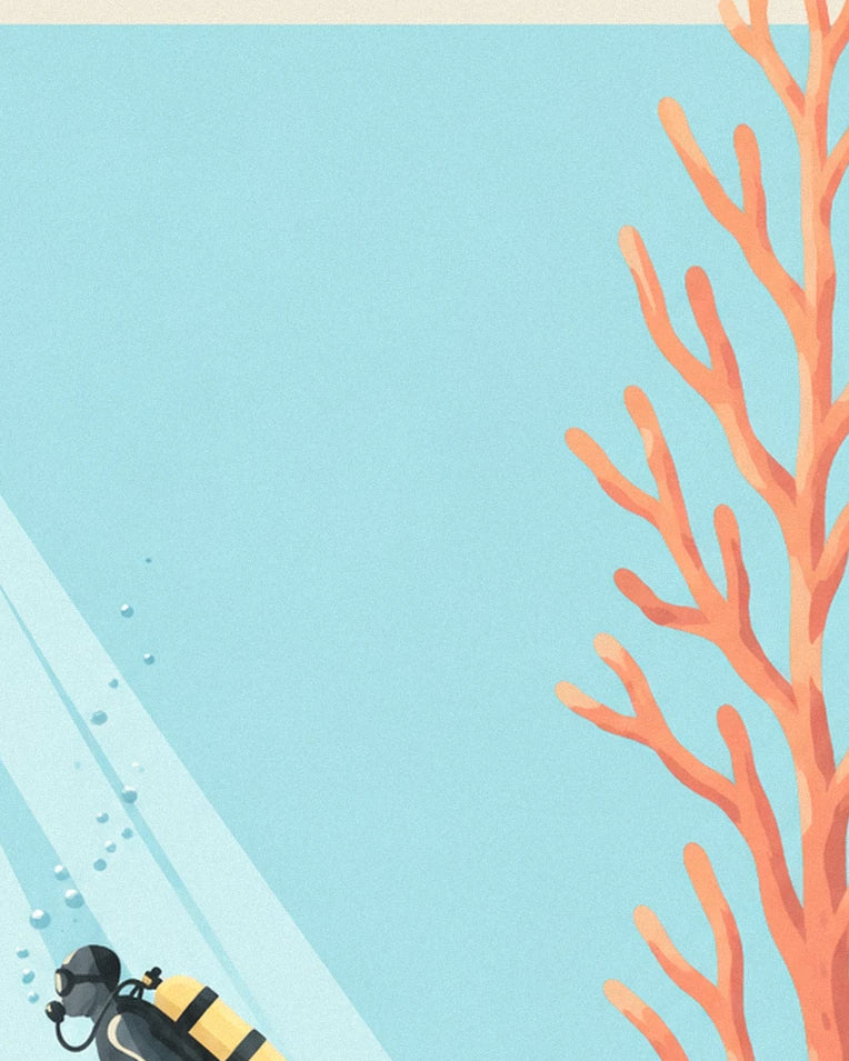 Scuba diver among corals and fish poster: close-up detail