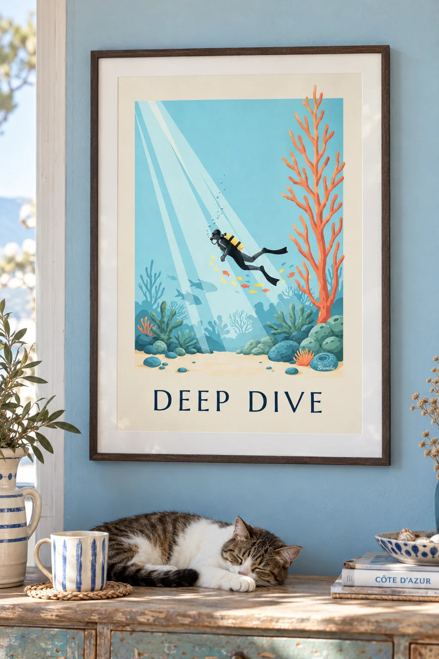 Poster Taucher zwischen Korallen und Fischen: gerahmt an der Wand