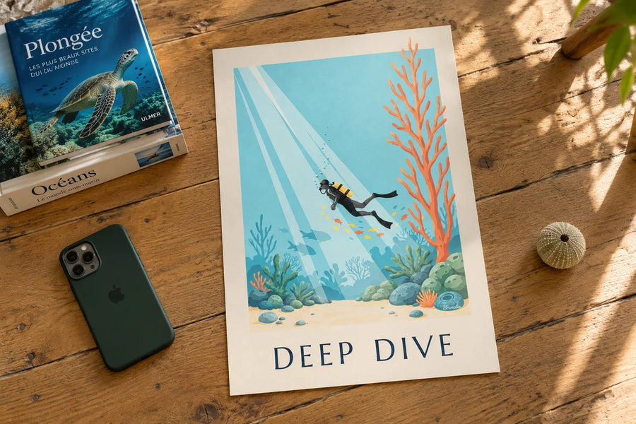 Poster Taucher zwischen Korallen und Fischen: auf einem Tisch aufgestellt