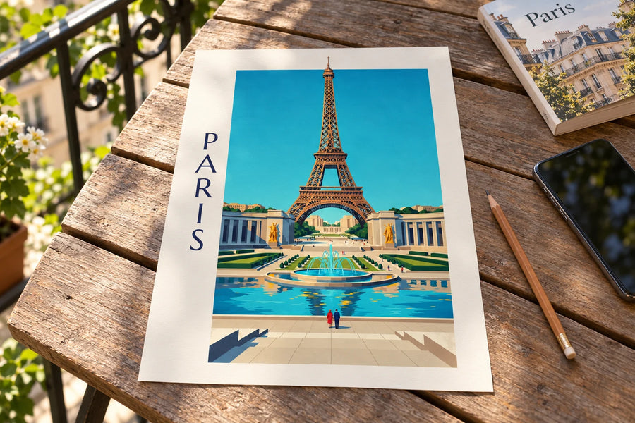 Poster Palais de Chaillot und Brunnen am Trocadéro in Paris: auf einem Tisch