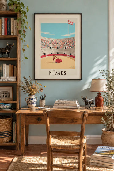 Affiche féria de Nîmes, matador dans les arènes romaines : encadrée au mur