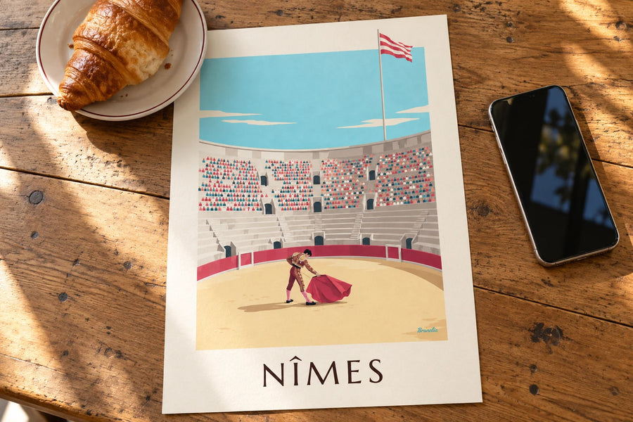 Poster feria di Nîmes, matador nell'arena romana: appoggiato su un tavolo