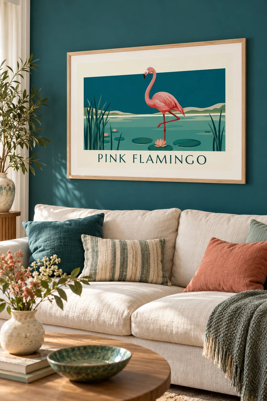 Poster fenicottero rosa su una zampa tra le ninfee: incorniciato alla parete
