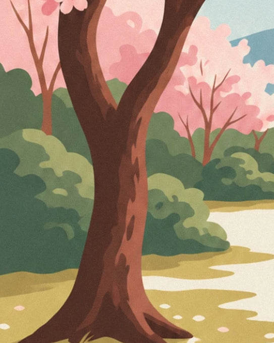 The brown cherry tree trunk beside the pale path, between green bushes
