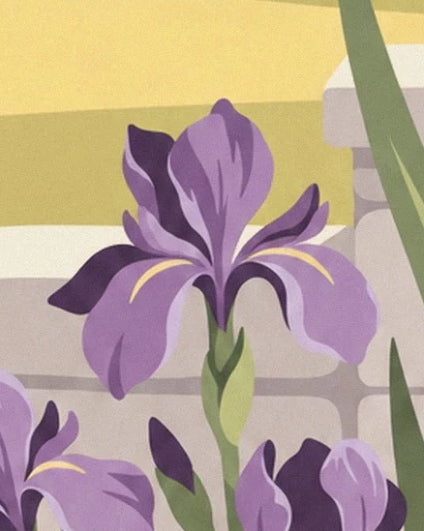 A mauve iris in front of a low pale wall, surrounded by buds and green leaves