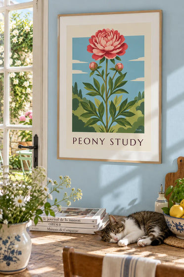 Affiche pivoine rose en planche botanique : encadrée au mur