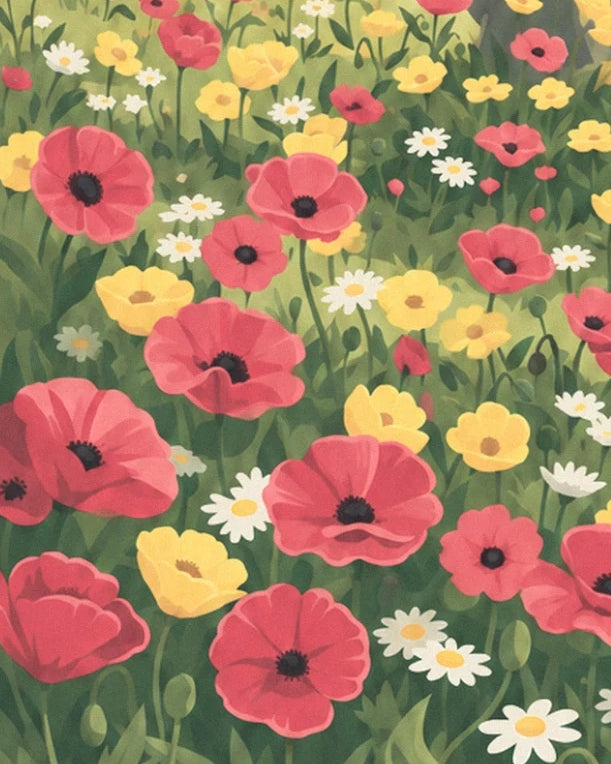Des coquelicots aux pétales rouges mêlés aux fleurs jaunes et aux marguerites blanches