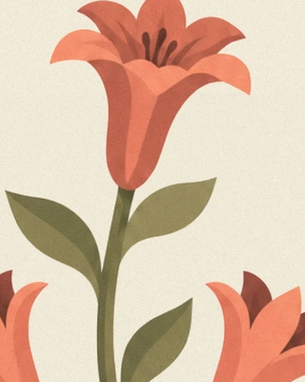 Un lys corail dressé sur une tige vert olive aux feuilles effilées