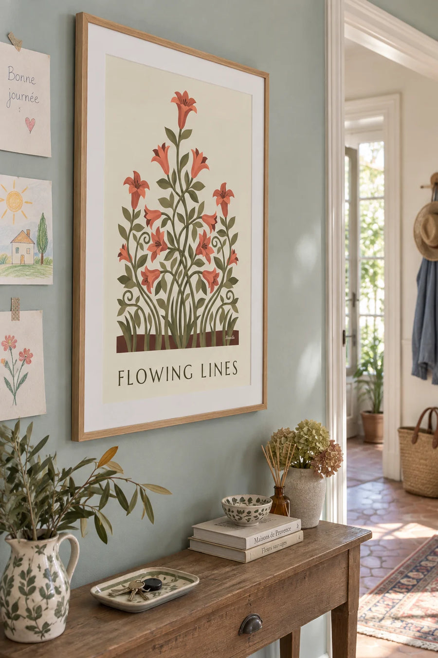 Affiche motif floral aux lignes courbes et lys stylisés : encadrée au mur