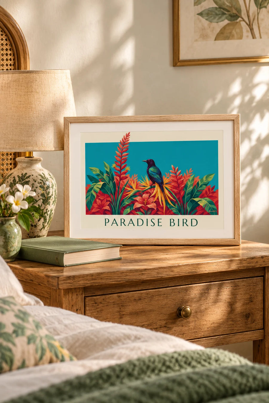 Poster uccello del paradiso tra fiori tropicali: piccolo formato A4 incorniciato