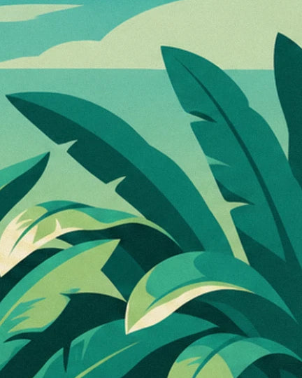 Broad emerald green banana leaves in front of the turquoise sea and a pale cloud