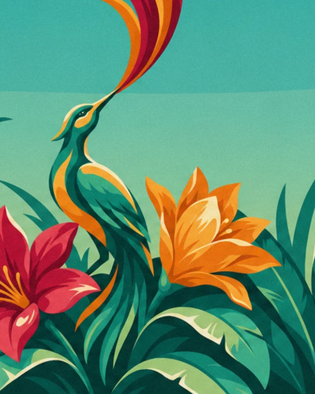 The bird of paradise with long red and orange feathers, between an orange lily and a red lily
