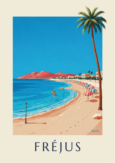 Poster palme e ombrelloni in riva al mare a Fréjus: il poster intero