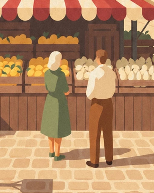 A woman in a green dress and a man in a pale shirt in front of the fruit stall