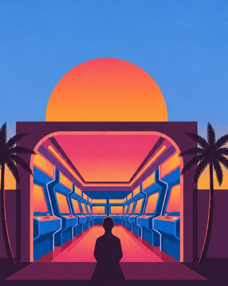 Affiche salle d'arcade, néons et soleil couchant : détail en gros plan