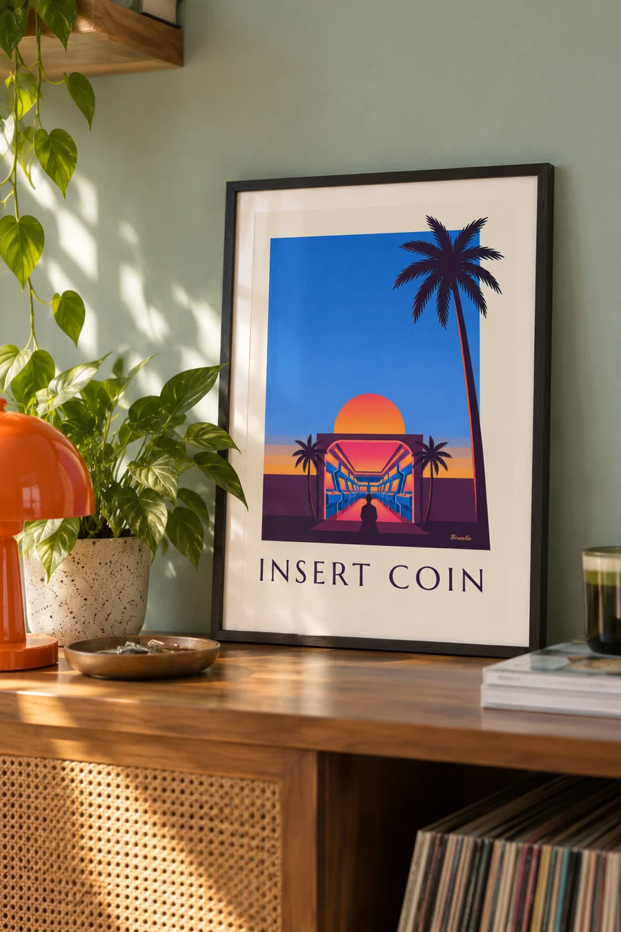 Affiche salle d'arcade, néons et soleil couchant : petit format A4 encadré