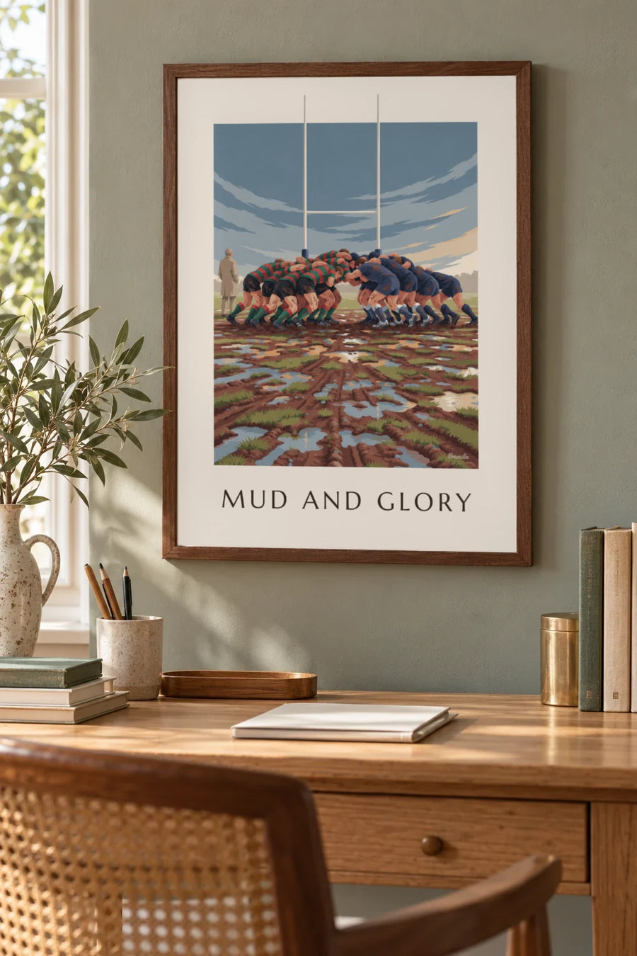 Poster di una mischia di rugby nel fango sotto un cielo di pioggia: formato piccolo A4 incorniciato