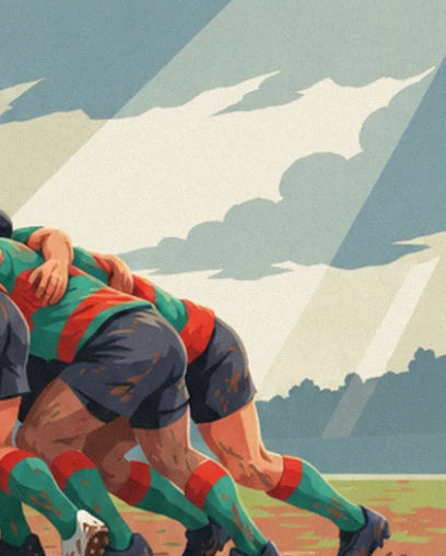 Les joueurs en maillots vert et rouge, shorts boueux, sous un ciel qui s'éclaircit