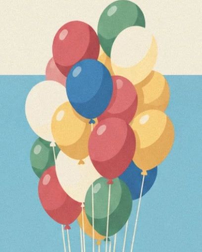 Un bouquet de ballons rouges, bleus, jaunes, verts et blancs sur fond bleu