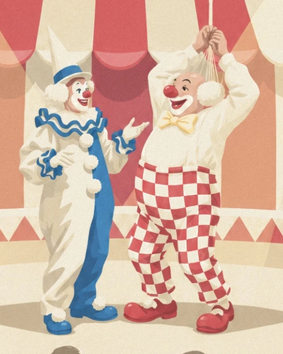 Le clown blanc en bleu et l’auguste au pantalon à carreaux rouges sous le chapiteau