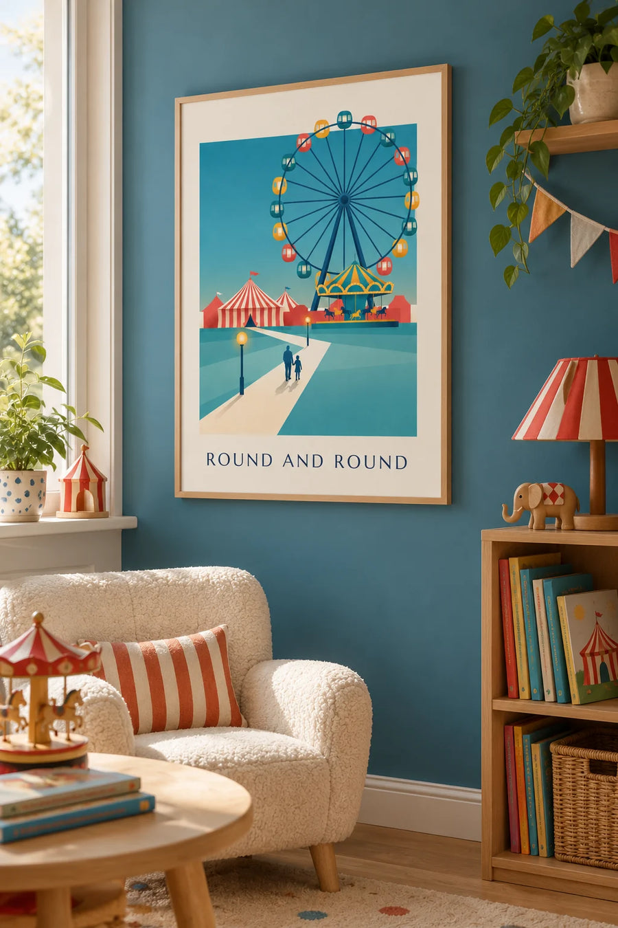 Affiche grande roue illuminée de parc d’attractions : encadrée au mur