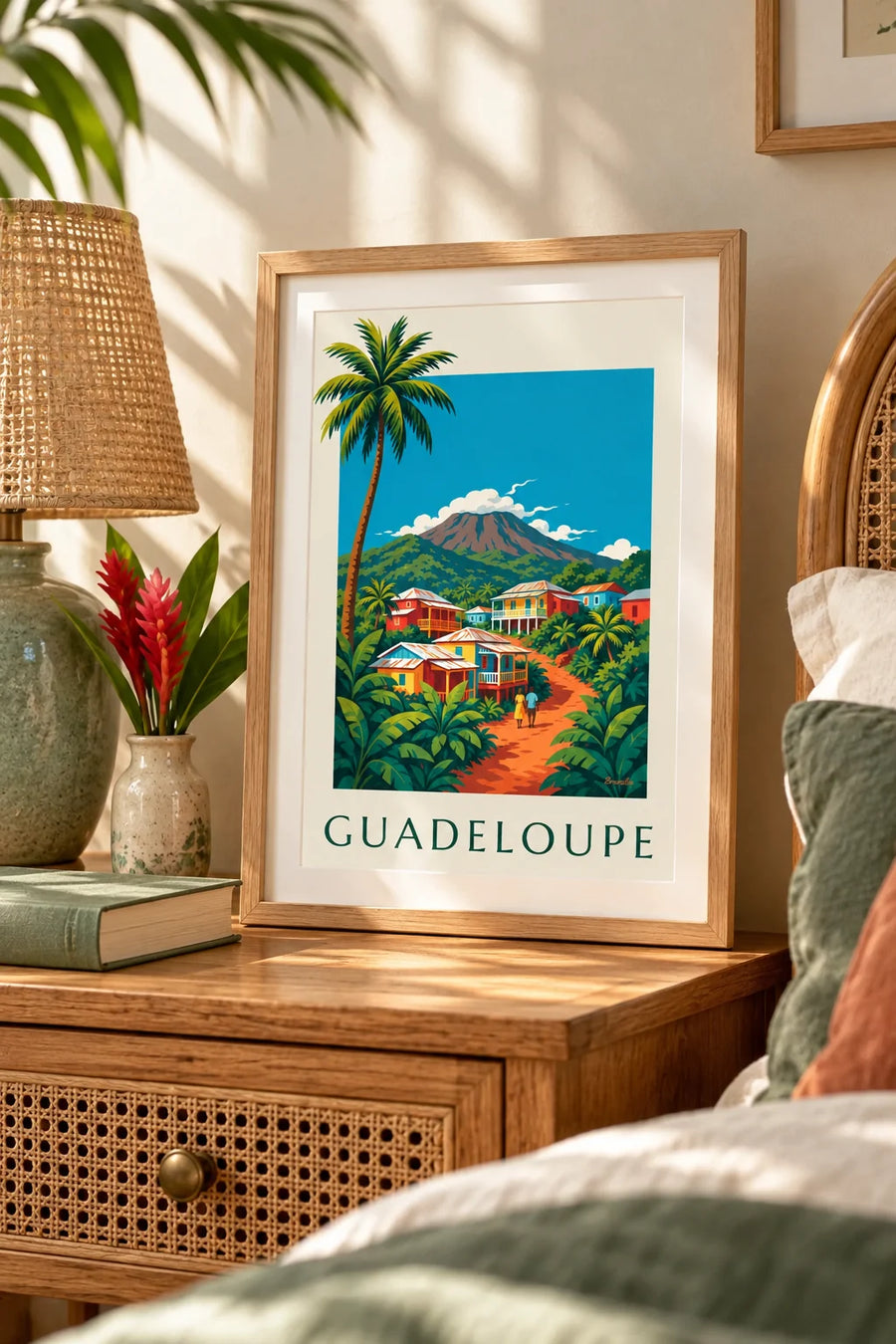 Affiche maisons créoles et volcan de la Soufrière en Guadeloupe : petit format A4 encadré