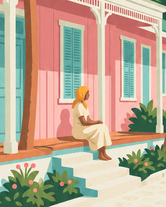 La femme au foulard jaune assise sur le perron de la case rose, face aux volets bleus