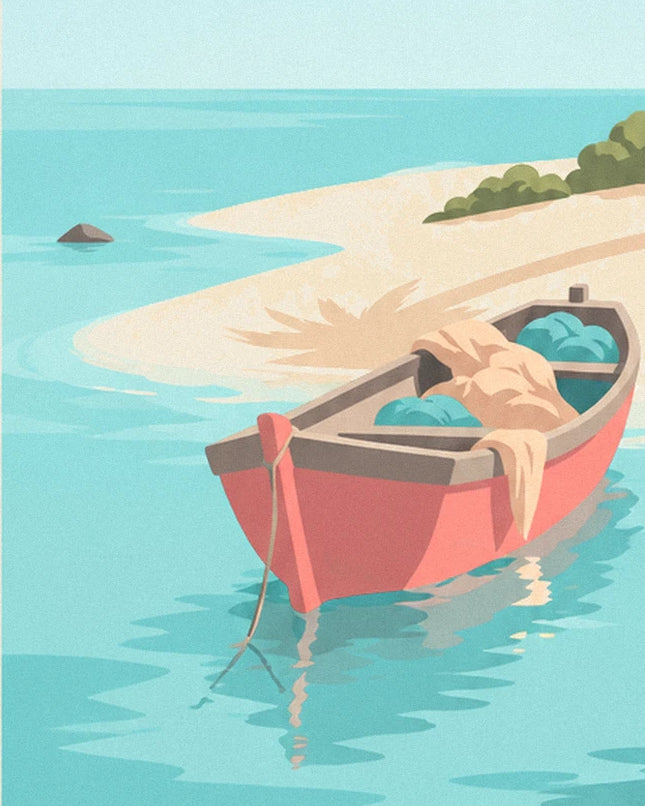 La barque rouge au bord du lagon turquoise, avec son tissu beige et ses 2 tas bleu-vert