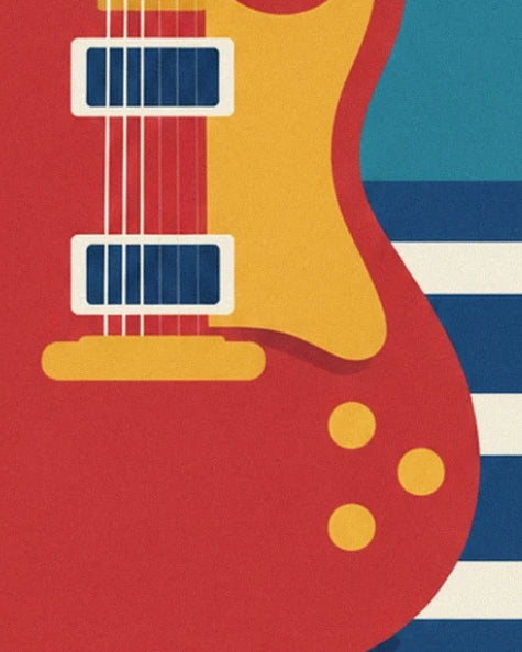 The red and yellow guitar, its 2 blue pickups and 3 golden knobs