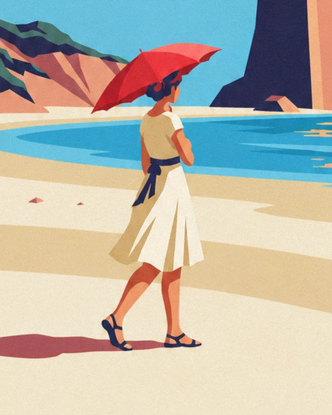 La femme en robe blanche à ceinture marine et son ombrelle rouge, de dos sur le sable