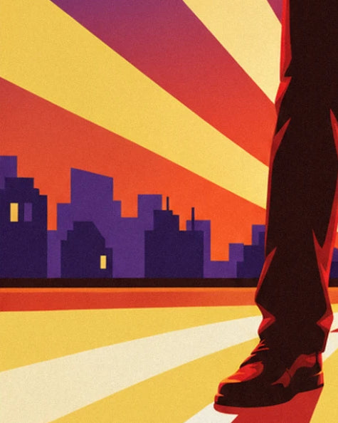 Les toits de la ville violette au couchant et la chaussure du rappeur, sous un ciel rayé orange