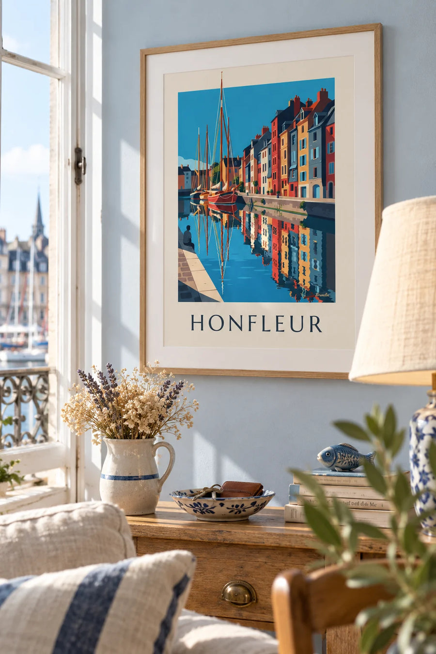 Sailboats and colorful facades of the Vieux Bassin in Honfleur poster: framed on the wall