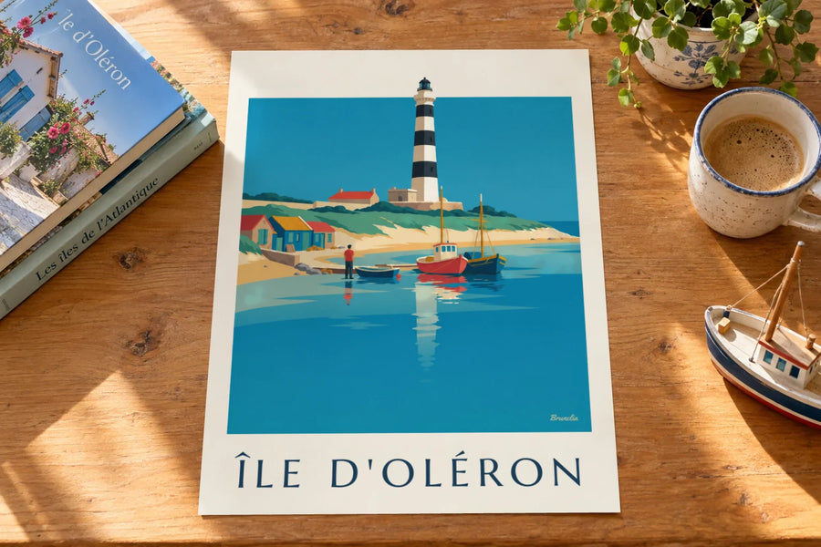Affiche Île d'Oléron maisons colorées bord de mer : posée sur une table