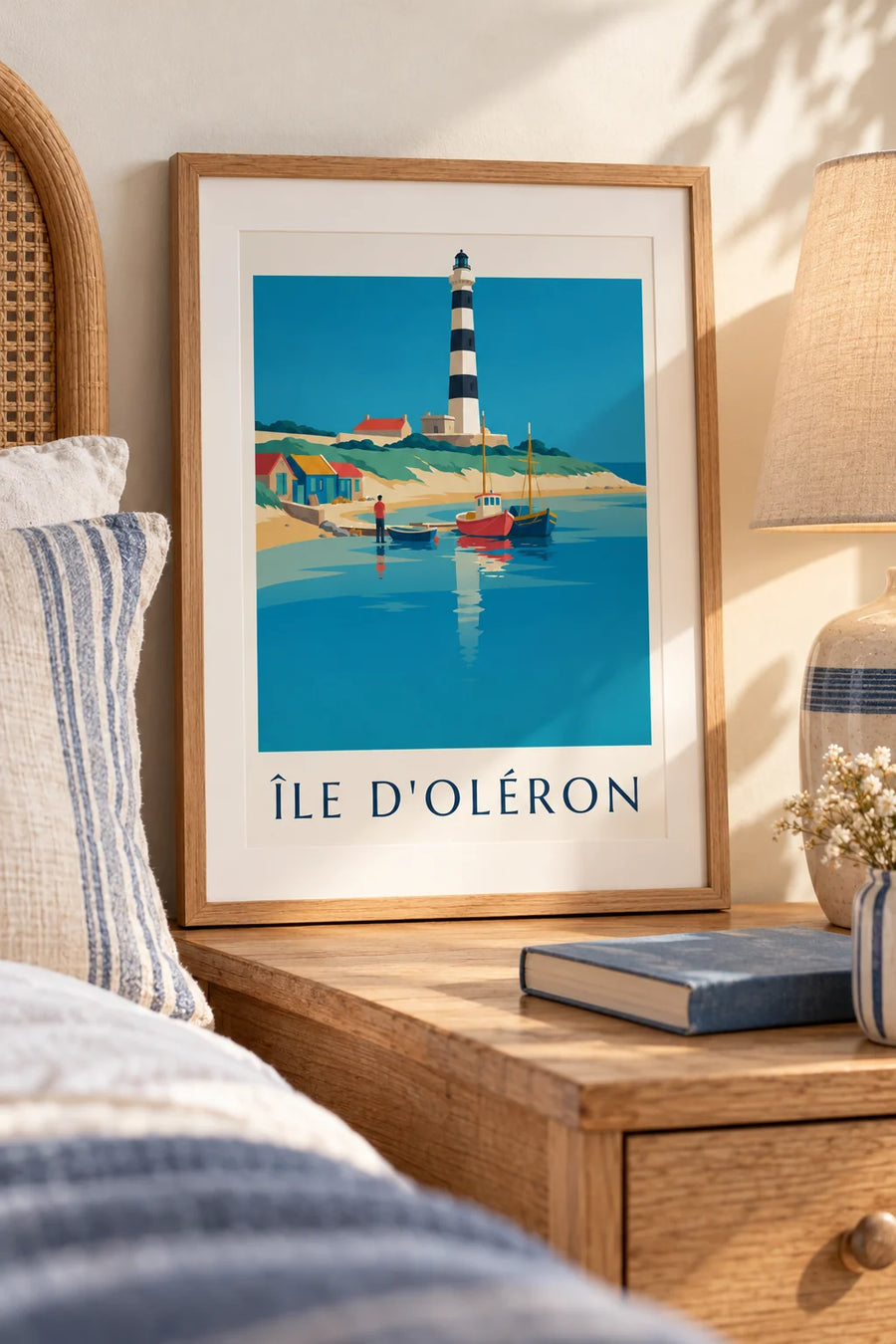 Affiche Île d'Oléron maisons colorées bord de mer : petit format A4 encadré