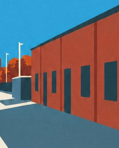 Le bâtiment rouge aux portes et fenêtres sombres, bordé de lampadaires blancs